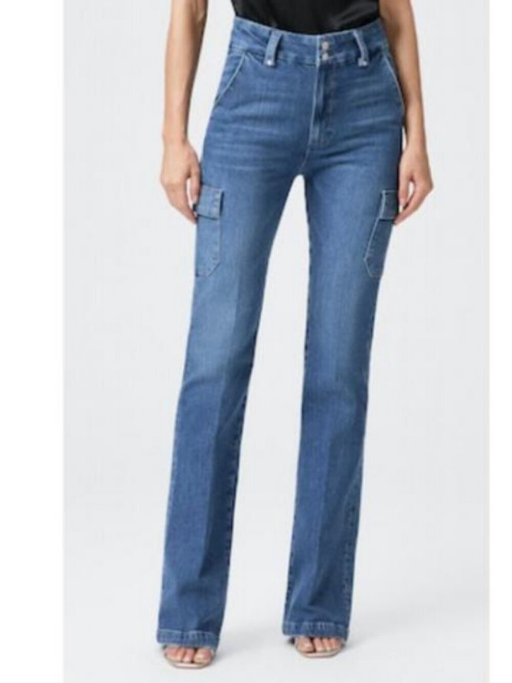 PAIGE The Dion High Rise Utility Flare Leg in Concerto Wash Cargo Jeans Size 27
